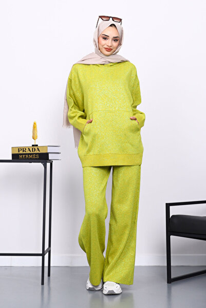 İmajButik Oil Green Hooded Kangaroo Pocket Trouser Knitwear Set