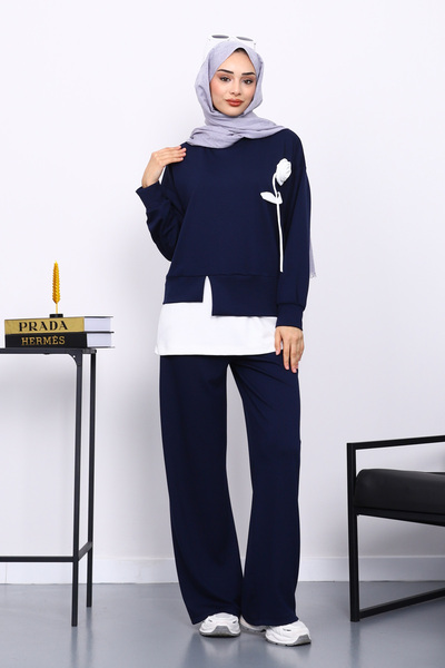 İmajButik Navy Blue Crew Neck Rose Detailed Tunic Modal Set with Trousers