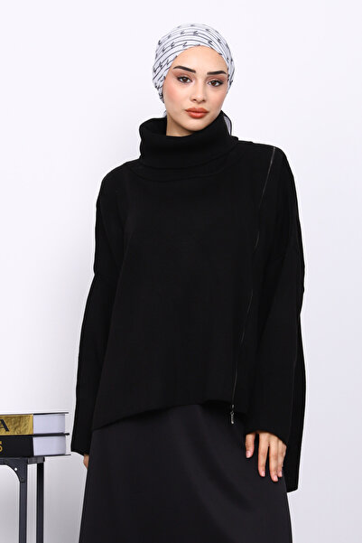 İmajButik Black Turtleneck Zippered Knit Sweater