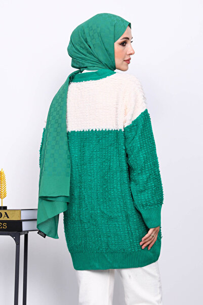 İmajButik Emerald Green V-Neck Buttoned Knitwear Cardigan
