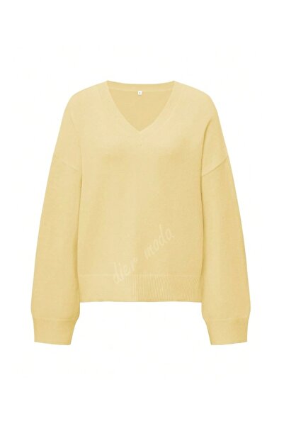Dier Moda Women's Butter Yellow V-Neck Oversized Knitwear Sweater, Knitwear Sweater Fmoda1970