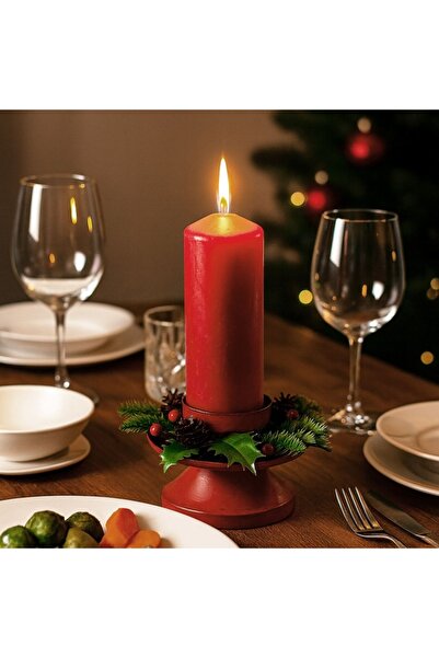 OEM Red candle holder with fir wreath, mistletoe & ilex ø11x8cm