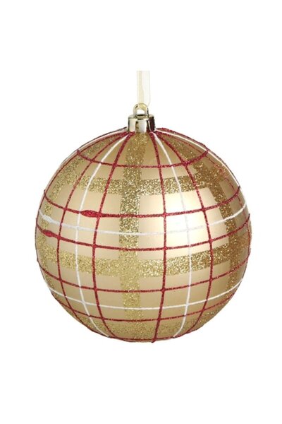 OEM Ornament de Crăciun - glob auriu mat cu model în carouri roșii și albe cu...