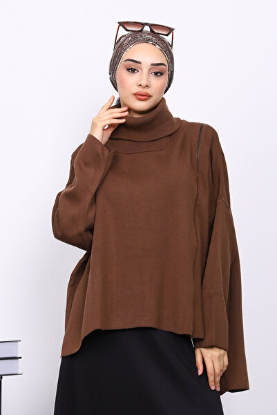 İmajButik Brown Turtleneck Zippered Knit Sweater