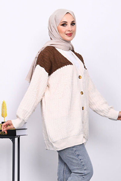 İmajButik Κρεμ ζακέτα με κουμπιά με λαιμόκοψη σε σχήμα V