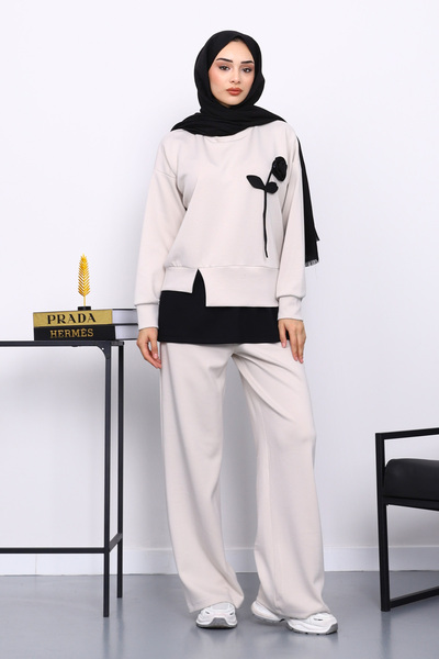 İmajButik Stone Crew Neck Rose Detailed Tunic Modal Suit with Trousers