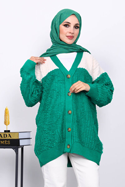 İmajButik Emerald Green V-Neck Buttoned Knitwear Cardigan
