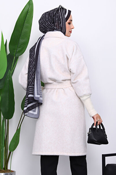 İmajButik Ecru Belted Angora Coat with Double Pockets