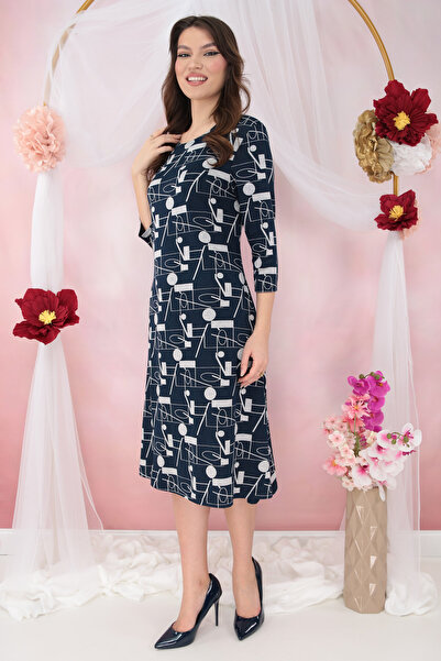 Trend Land Navy blue jersey flared dress with gray abstract print