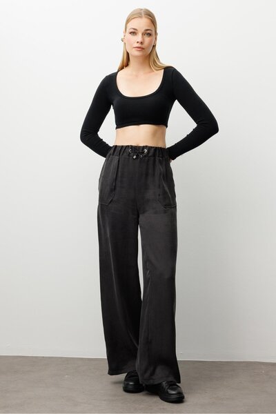 Moda İlgi Modailgi Beli Lastikli Torba Cepli Yüksek Bel Pantolon - 15039 Siyah