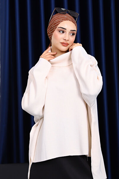 İmajButik Ecru Turtleneck Zippered Knit Sweater