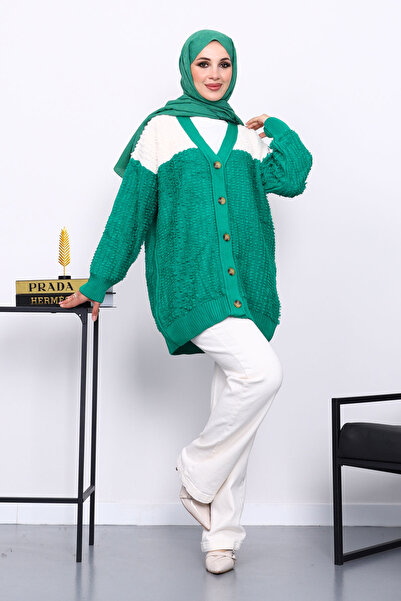 İmajButik Emerald Green V-Neck Buttoned Knitwear Cardigan