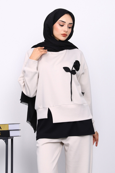 İmajButik Stone Crew Neck Rose Detailed Tunic Modal Suit with Trousers