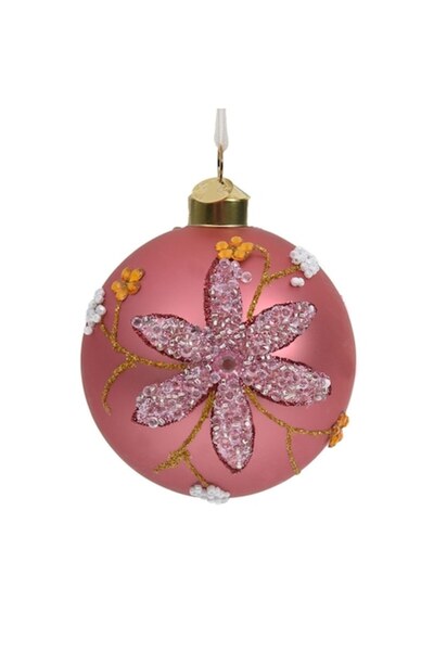 OEM Pink Matte Glass Christmas Bauble with Crystal Flowers, 8 cm