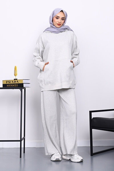 İmajButik Σετ πλεκτό εκρού με κουκούλα και παντελόνι με τσέπες καγκουρό