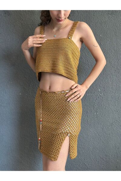 Gönülden Tasarım Hand Knitted Shiny Bronze Skirt Bustier Set