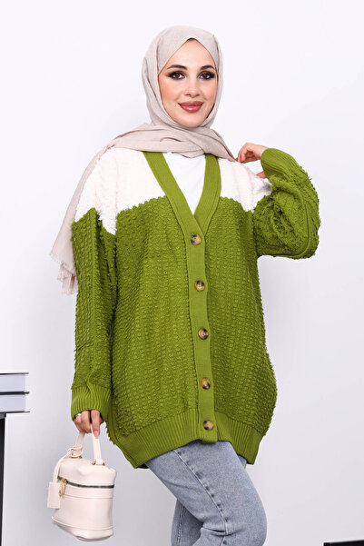 İmajButik Green V-Neck Buttoned Knitwear Cardigan