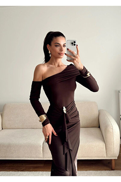 Zoom Butik Omuz Dekolte Aksesuar Elbise - KAHVE