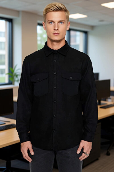 PayBuy Men's Regular Fit Cashmere Textured Jacket Shirt with Long Sleeves and Double Pockets Offers Winter Elegance and Comfort