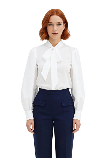 PayBuy Women's Scarf Detailed Halter Neck Regular Fit Long Balloon Sleeve Woven Shirt Stylish and