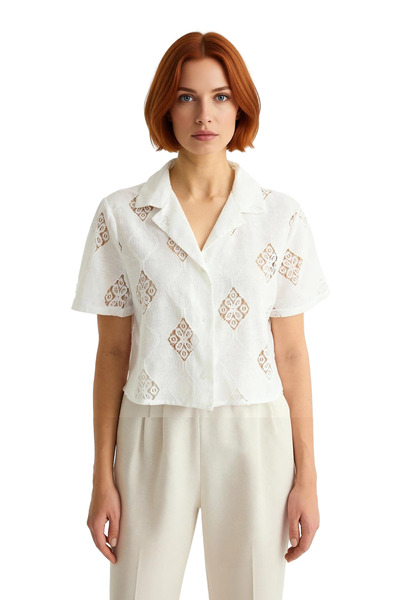 PayBuy Women's Summer Brode Woven Short Sleeve Jacket Collar Crop Cut Shirt Complements Your Stylish Casual Style