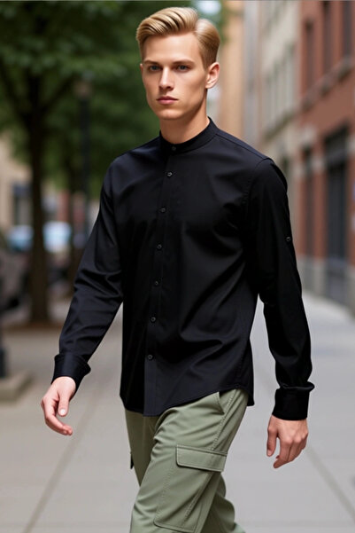 PayBuy Men's Slim Fit Judge Collar Plain Pattern Long Sleeve Cotton Linen Look Stylish Casual Shirt Sports