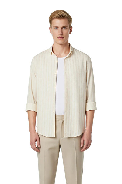 PayBuy Men's Regular Fit Striped Cotton Viscose Linen Blend Breathable Long Sleeve Shirt Stylish