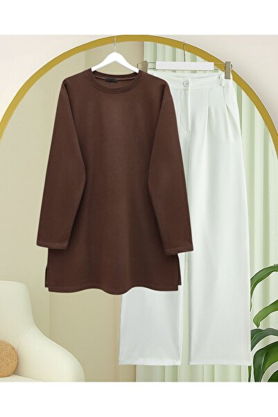 Modamorfo Round Neck Slit Casual Combed Cotton Tunic - Brown