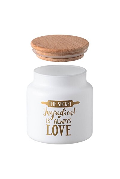 OEM Matte white glass jar with gold message, wooden lid, 635ml