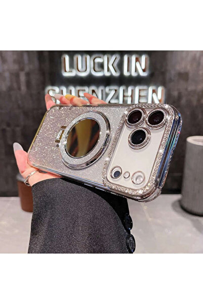 Generic Magnetic Glitter Case for iPhone 17 Pro Max，Makeup Mirror Holder，Diamond Edge，Gradient Luxury Cover