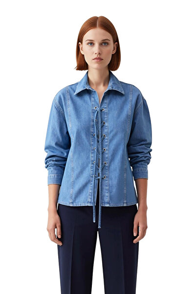 PayBuy Women's Lace-Up Detailed Denim Shirt Regular Fit Spring Autumn Style and Comfort Aesthetic