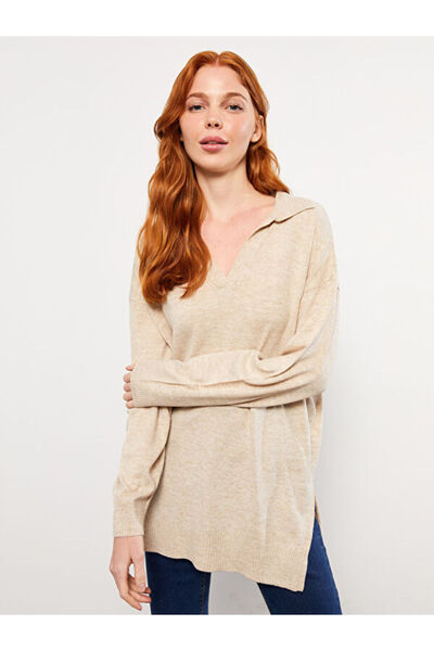 LC Waikiki Γυναικείο πλεκτό μονό μακρυμάνικο μονόχρωμο Polo λαιμόκοψη