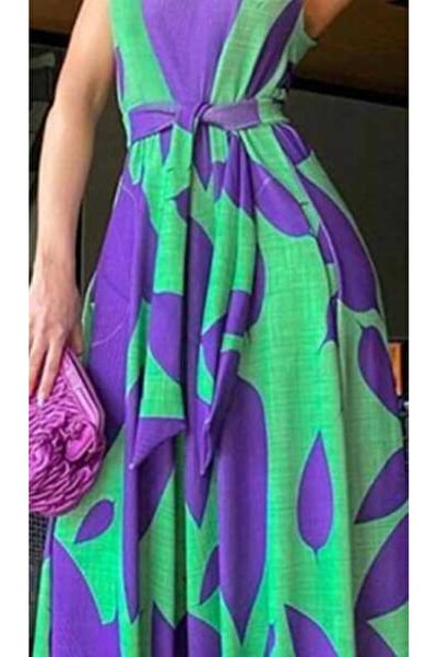 JustFab Stylish Green Maxi Dress with Purple Leaf Design