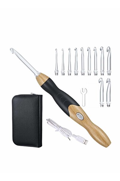 Generic مجموعة من 11 خطاف كروشيه قابلة لإعادة الشحن ومضاءة برؤوس قابلة للتبديل 2.5-8 مم (خشبي/أسود)