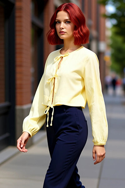 PayBuy Linen Woven Tie Detail Balloon Sleeve Women's Crop Shirt Beach and City Combination Option