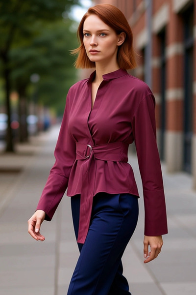 PayBuy Women's Chic Belted Detail High Neck Long Sleeve Solid Color Shirt Blouse Stylish