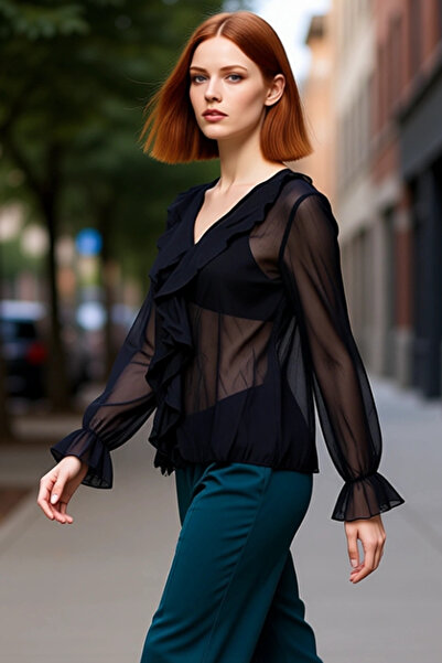 PayBuy Women's Wrinkled Look Chiffon Blouse V-Neck Long Sleeve Casual Stylish Shirt Design Functional