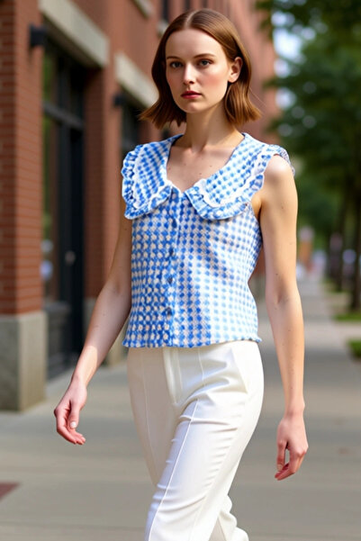 PayBuy Elegante și confortabile, guler tip Peter Pan modele în carouri, fără mâneci, bluză țesută în seersucker, opțiune sportivă