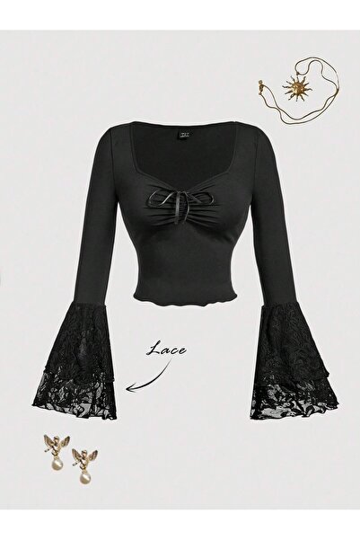 meren like your style Μαύρη δαντέλα ισπανική μπλούζα με κορδόνια με κορδόνια στο στήθος