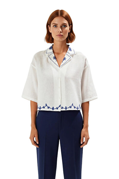 PayBuy Women's Embroidered Collar and Hem Detail Casual Cut Three-Quarter Sleeve Summer Shirt Elegant