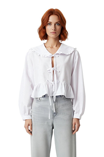 PayBuy Women's Ruffled Peter Pan collar Woven Shirt with Tie Detail Offers Casual Elegance and Functional Chic