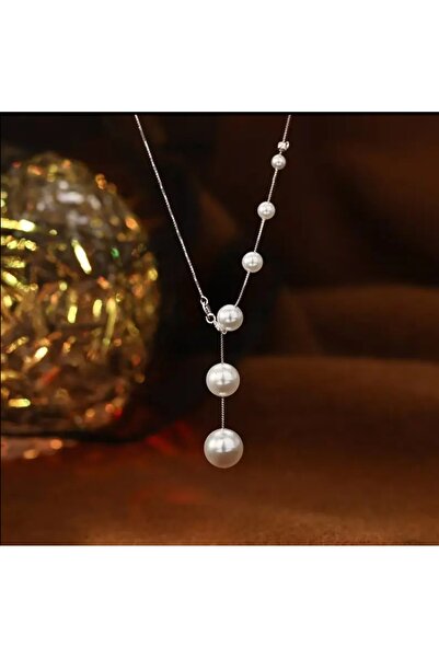 MYSTERY TAKI AKSESUAR Si̇lver Y Chain Pearl Necklace