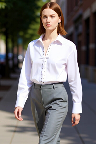 PayBuy Women's Oversized Shirt Collar Lace-Up Detail Cotton Polyester Blend Long Sleeve Woven Shirt