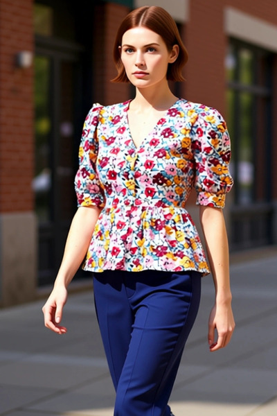 PayBuy Cămașă crop cu decolteu în V cu mâneci cu balon, cu flori multicolore,...