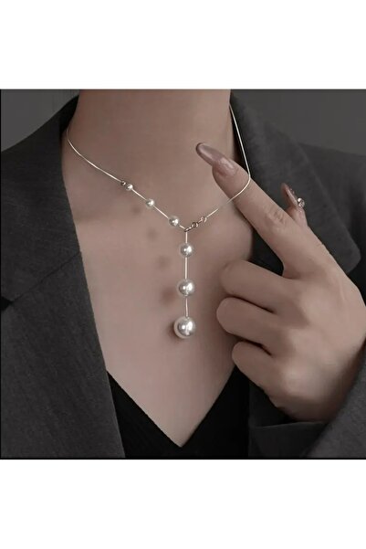 MYSTERY TAKI AKSESUAR Si̇lver Y Chain Pearl Necklace