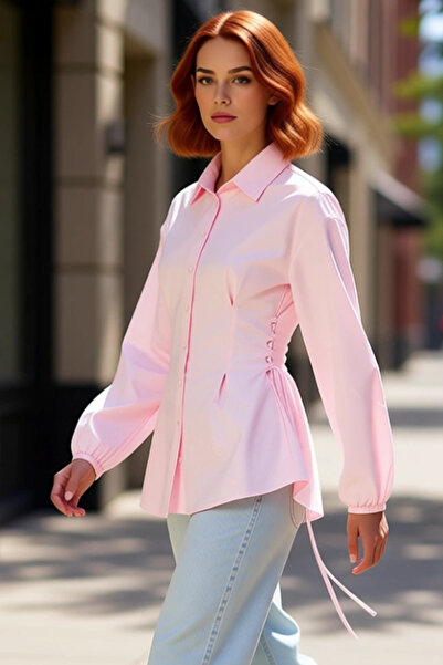 PayBuy Kadın Bel Bağlama Detaylı Uzun Kollu Dokuma Gömlek Günlük Şıklık Ve Ko...