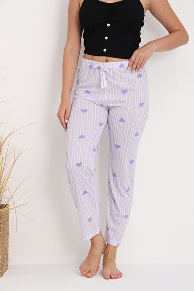 Serena Women's purple pajama pants with stripes and hearts, loose fit, cotton & polyester