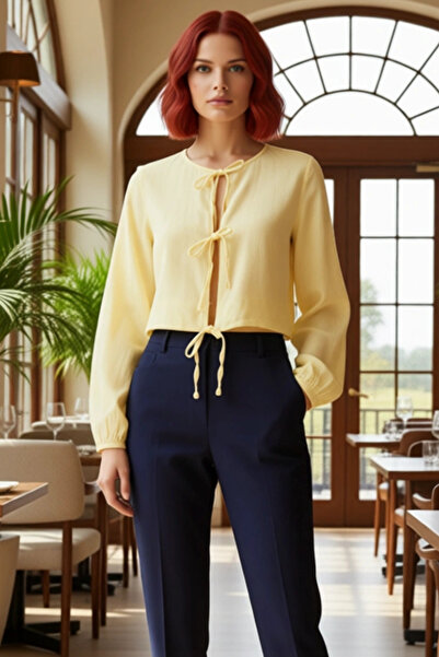 PayBuy Linen Woven Tie Detail Balloon Sleeve Women's Crop Shirt Beach and City Combination Option