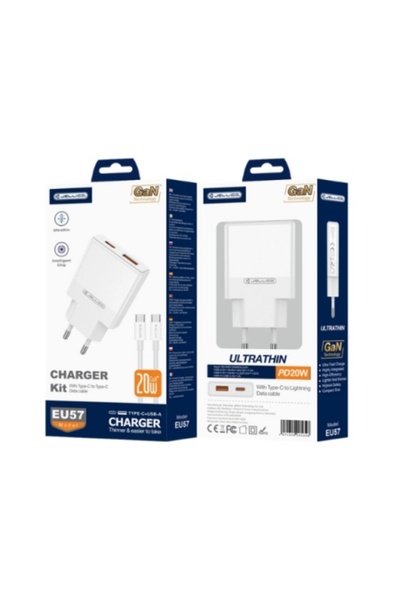 JELLICO Încărcător de perete EU57 20W (1x USB-A, 1x USB-C PD) cu cablu Type-C...
