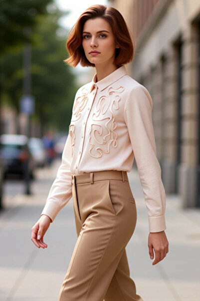 PayBuy Women's Aerobin Woven Shirt with Ruffle Embroidery Details on the Chest Area, a Stylish and Comfortable Choice